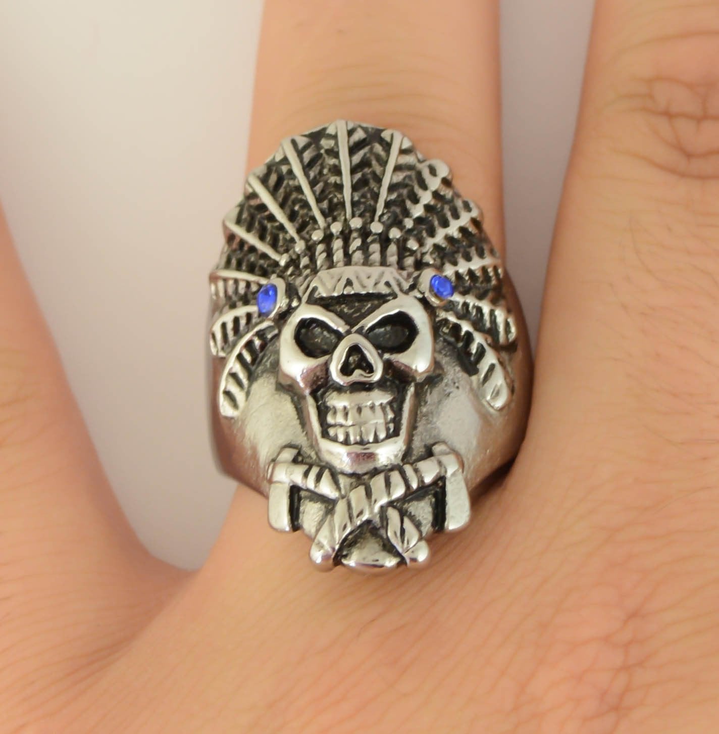 SK1071 Indian Headdress Blue Stones In Eyes Stainless Steel Motorcycle Jewelry Size 9-15