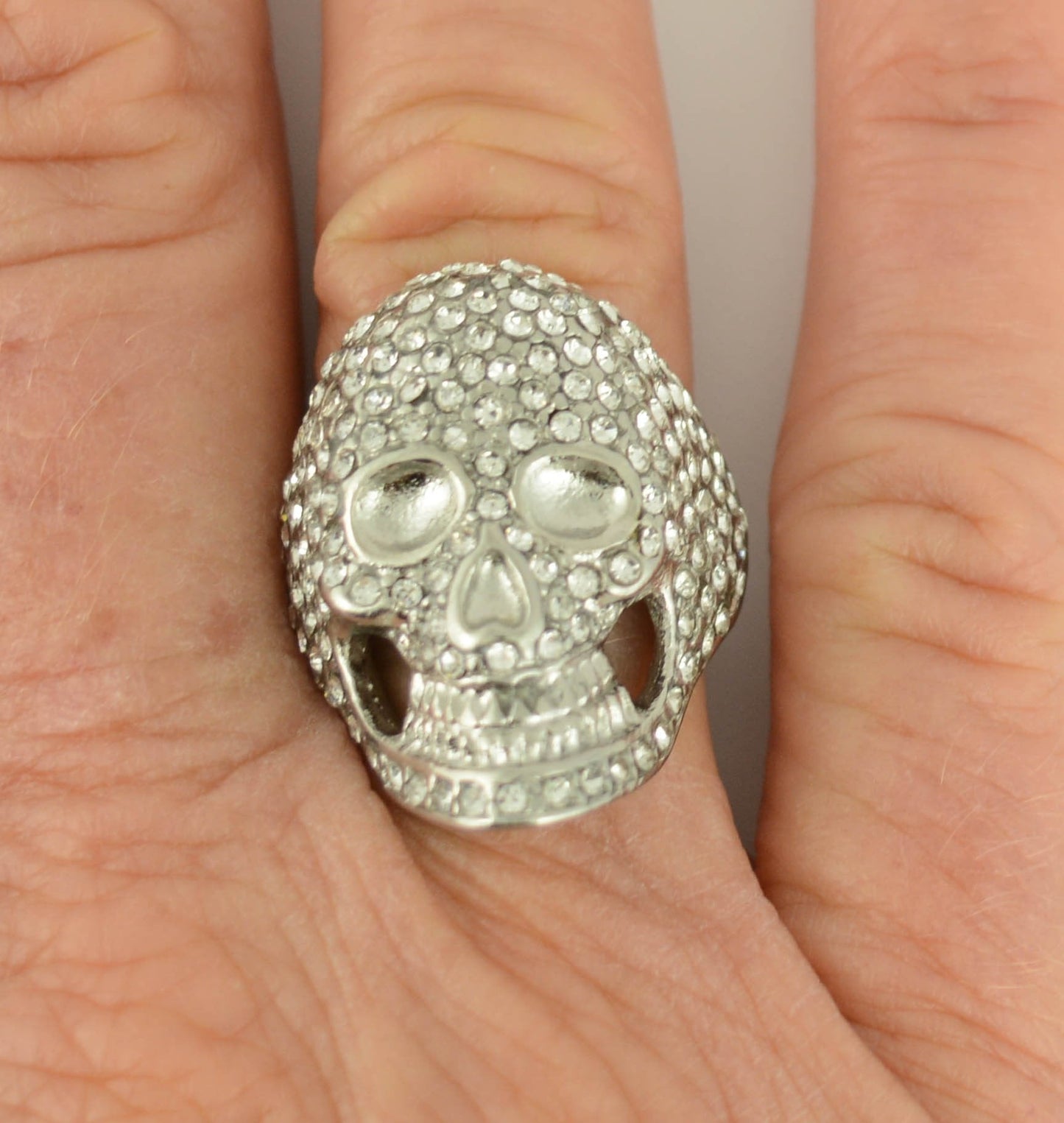 SK1065 Ladies Bling Covered Skull Imitation Diamond Ring Stainless Steel Motorcycle Jewelry Size 5-9
