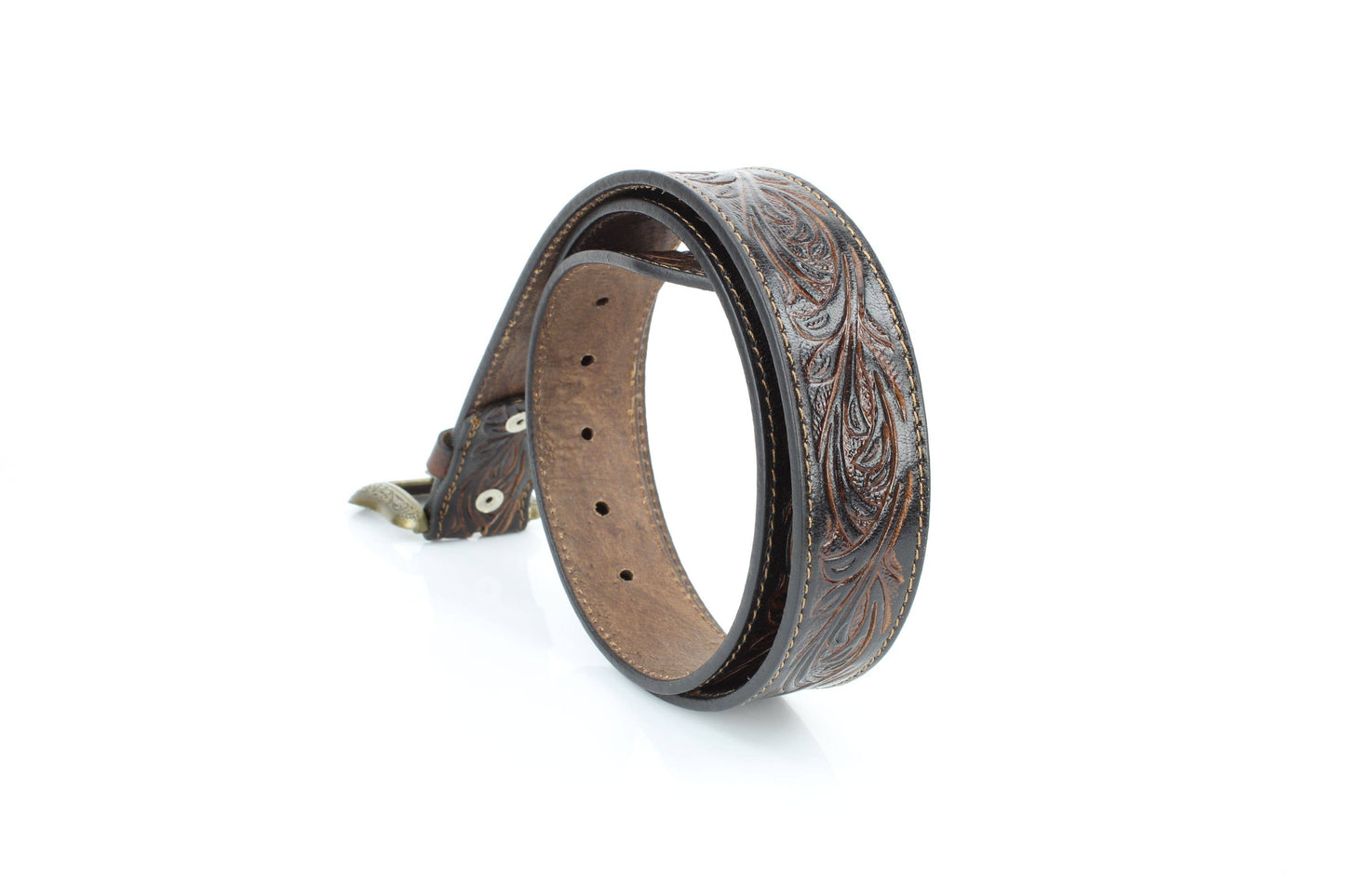 Floral Tooled Western Belt with Engraved Buckle ABB 031 BRWN