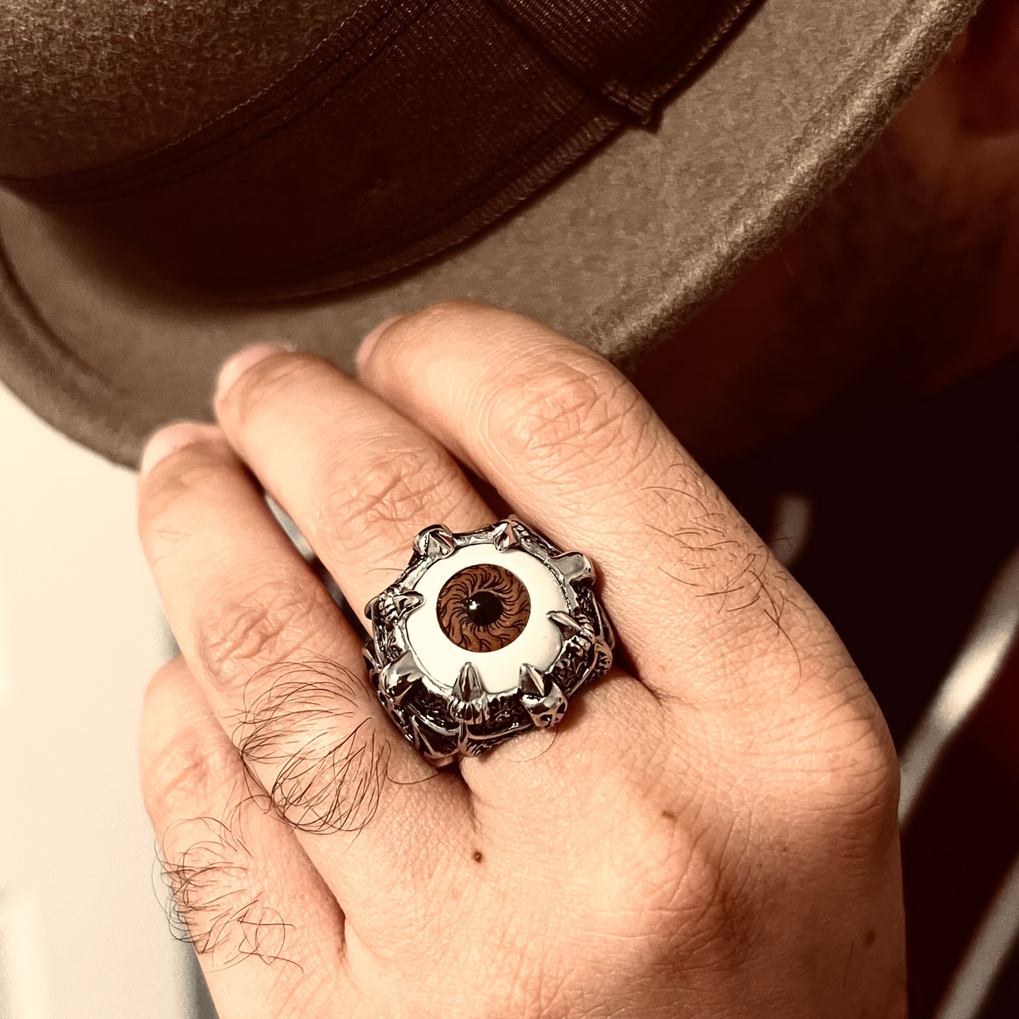 Stainless Steel Gothic Red Eyeball With Claw And Skull Accents Ring