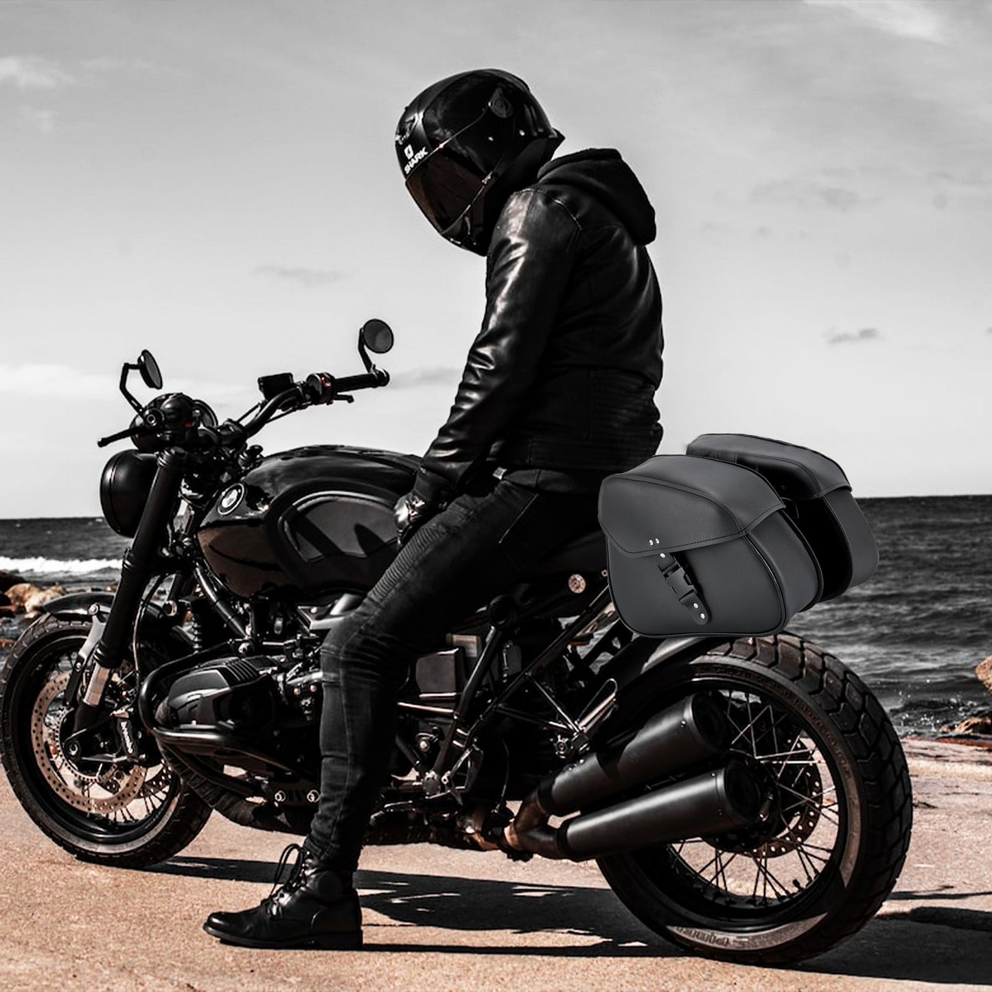 Dream Apparel Motorcycle Black Saddlebag PVC Classic Vintage Style, Weather-Resistant Saddle bag