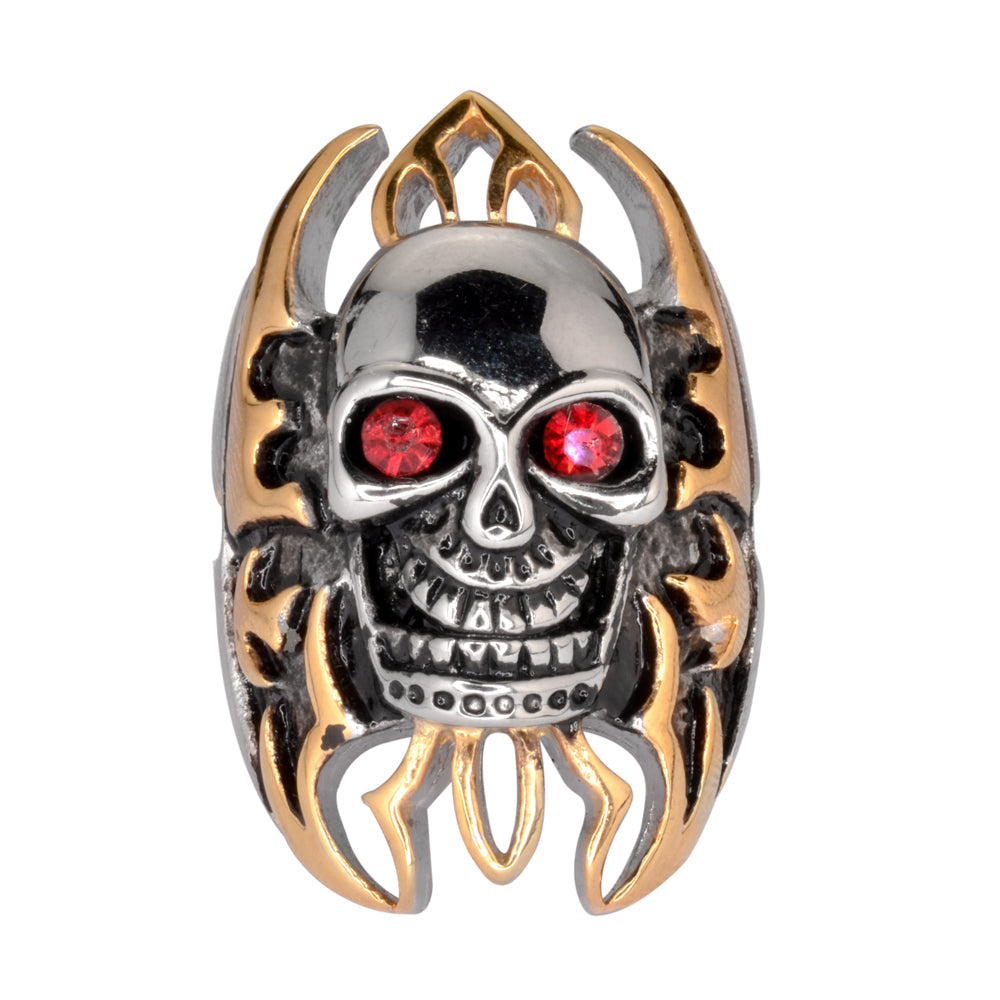 SK1078 Skull Flames Gold Tone Ring 1 1/2" Tall Imitation Rubt Eyes Stainless Steel Motorcycle Jewelry Size 9-15