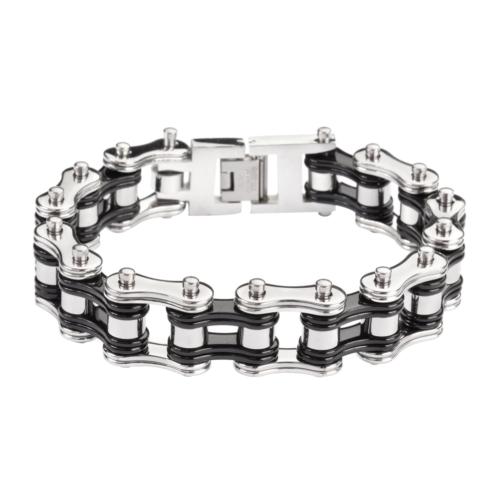 SK1250 3/4" Wide Two Tone Silver Black Double Link Design Unisex Stainless Steel Motorcycle Chain Bracelet