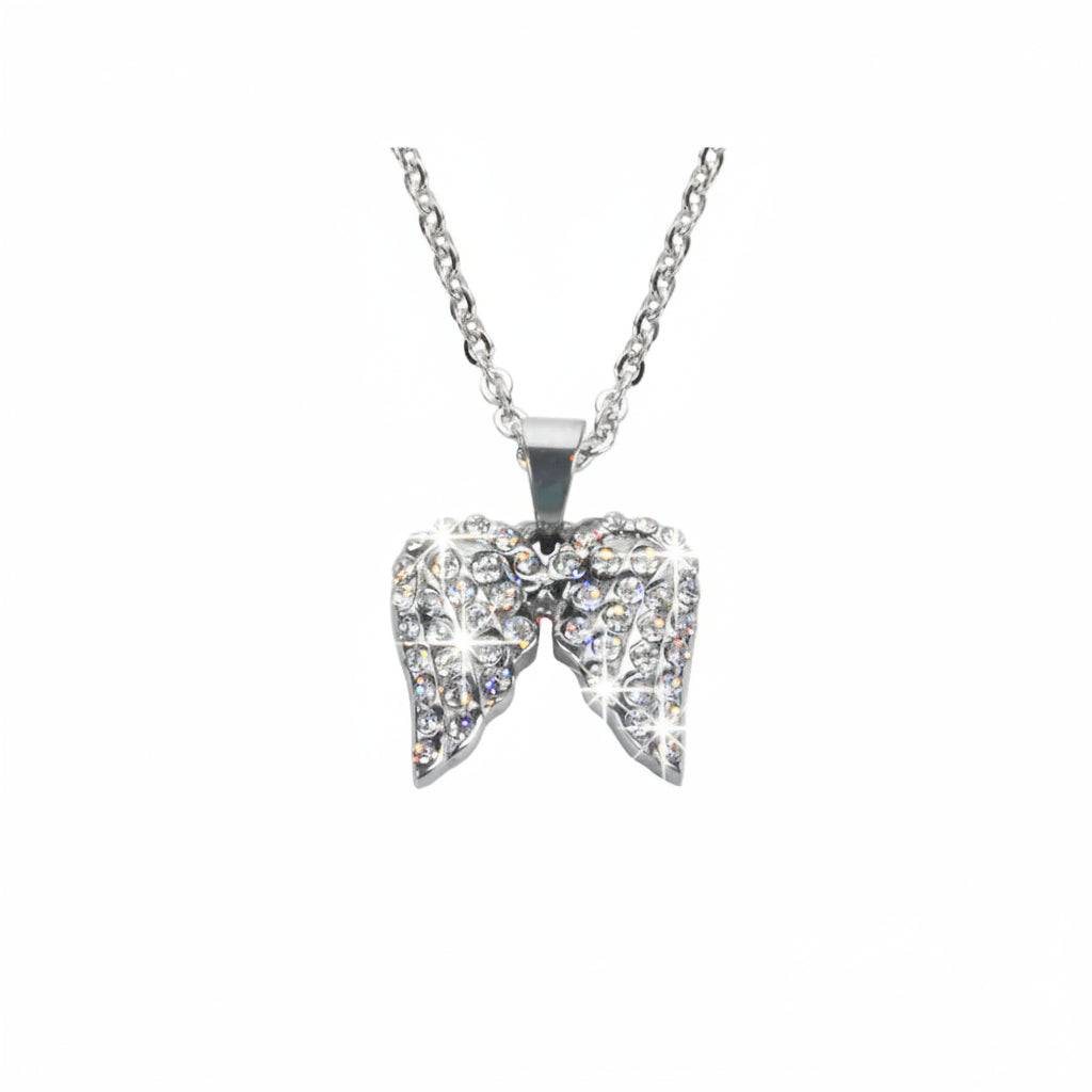 Women’s Double Angel Wing Necklace – Clear Crystal Motorcycle Jewelry