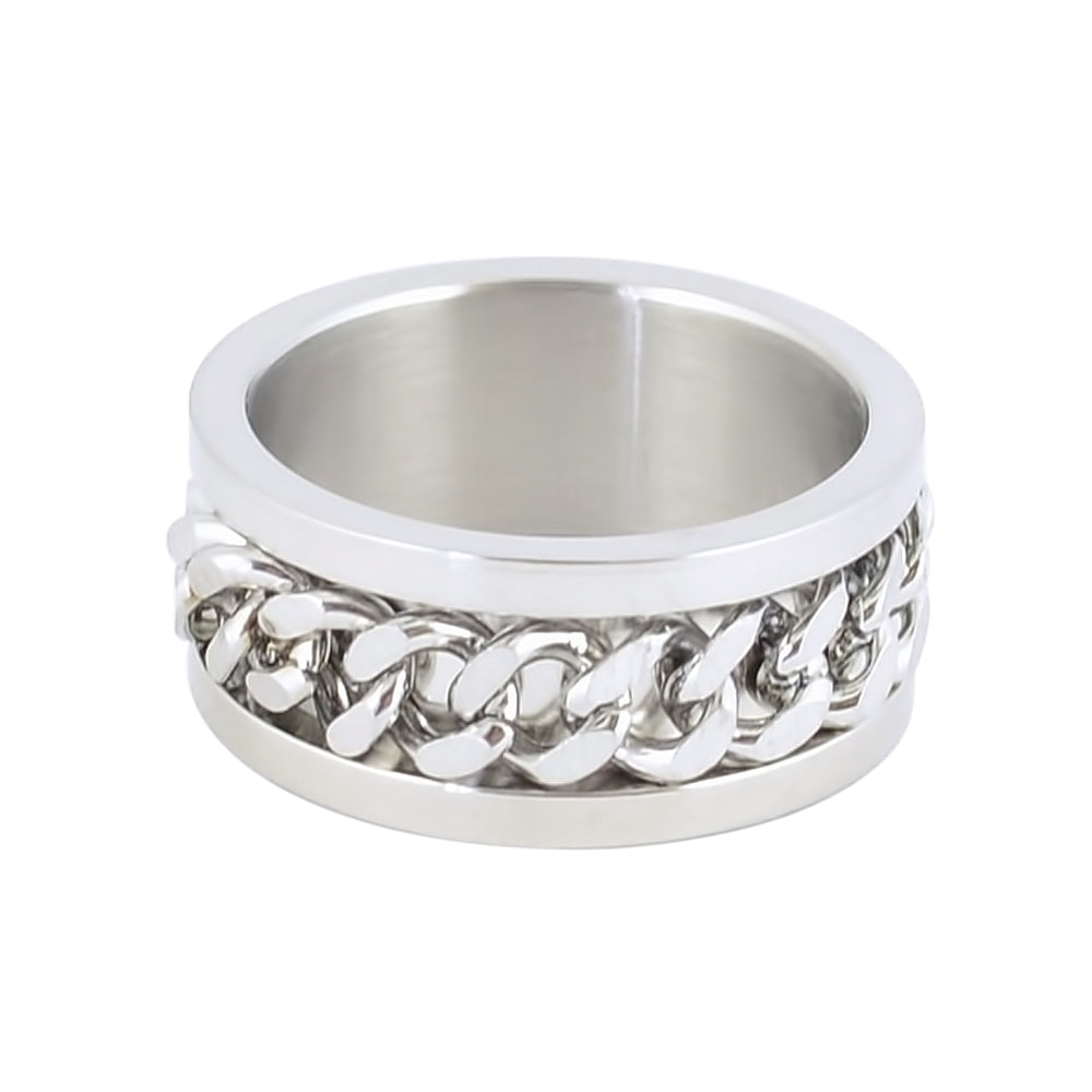 SK1780E All Silver Edition Gents Cuban Link Spinner Ring Stainless Steel Motorcycle Jewelry Size 8-15