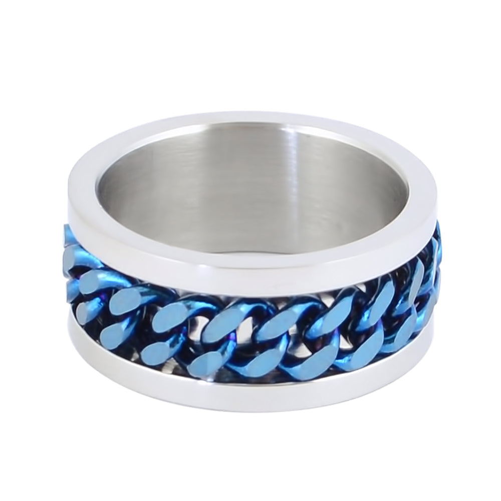 SK1780D Silver/Blue Edition Gents Cuban Link Spinner Ring Stainless Steel Motorcycle Jewelry Size 8-15