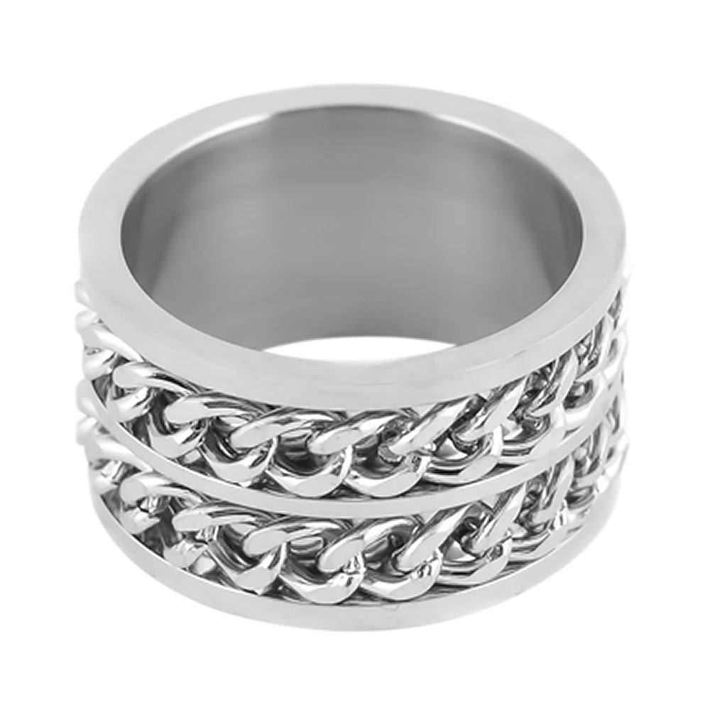 SK1788 Gents Double Chain Cuban Link Spinner Ring Stainless Steel Motorcycle Jewelry Size 8-15