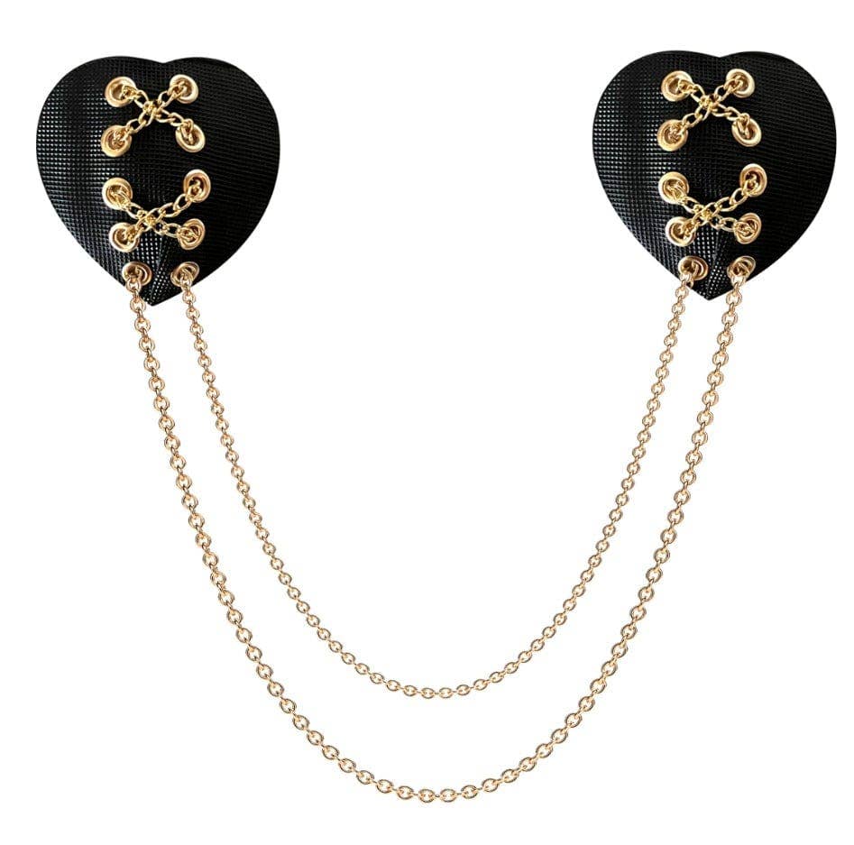 Unbreak My Heart Black Stitched Heart With Gold Chains Reusable Nipple Cover Pasties: Black / O/S