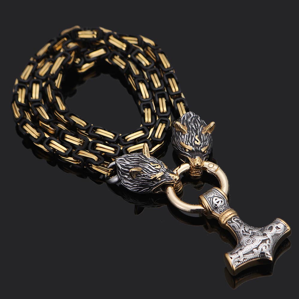 Viking Thor's Hammer Domineering Wolf Head Necklace: Yellow Gold / 50cm