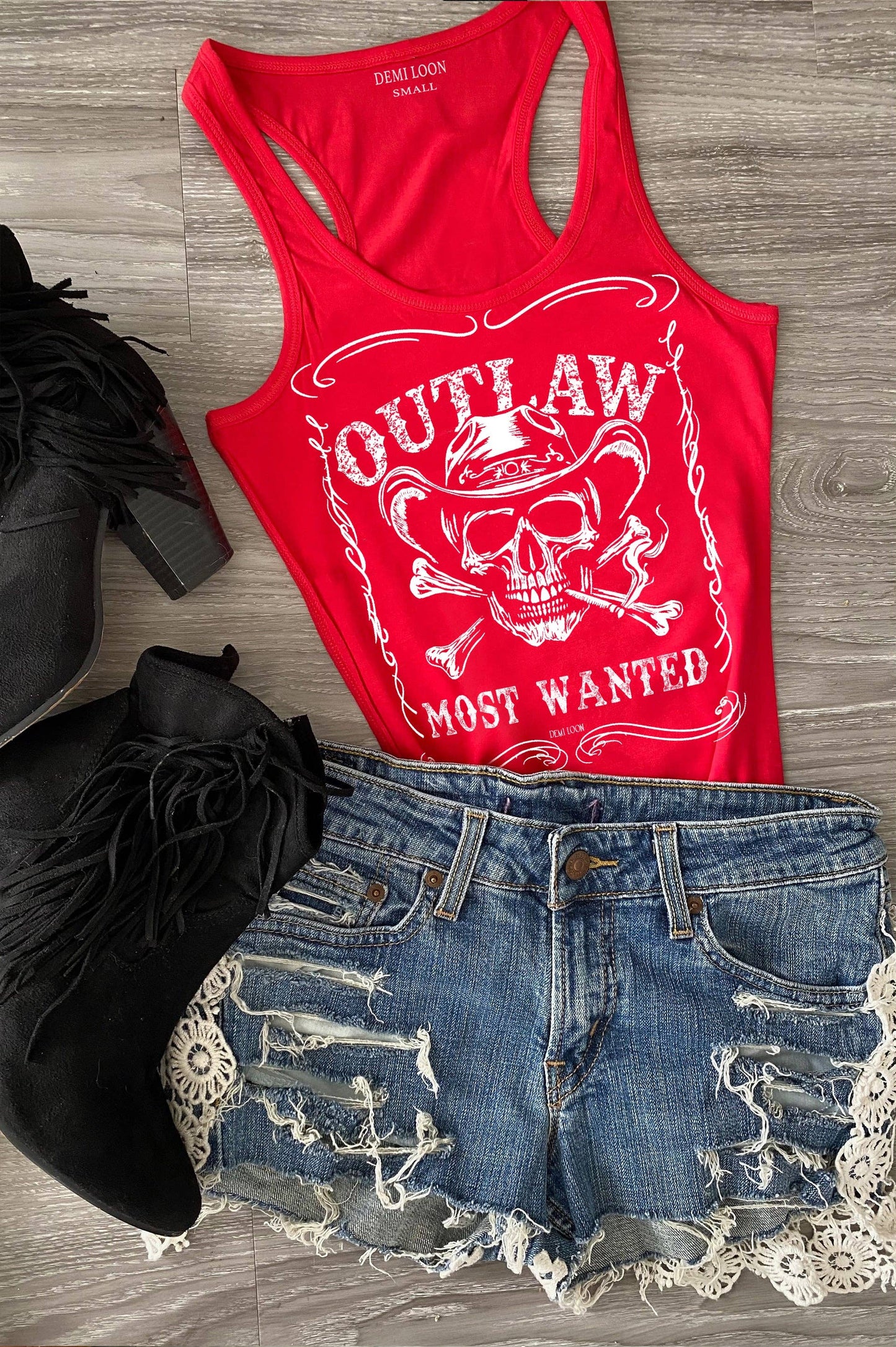 Outlaw Skull Cowboy Graphic Biker Cowgirl Country Tank Top: Black / M