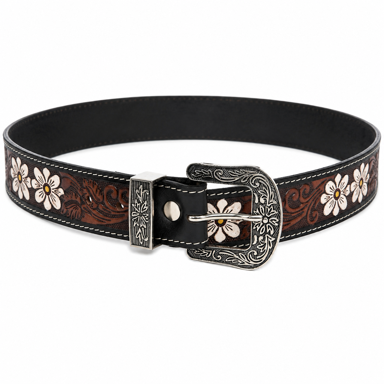 Tooled Leather Belt with White Floral Accent ABB 18 26108