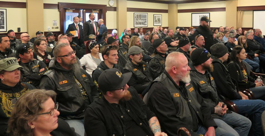 crowd of bikers at committee hearing in Idaho