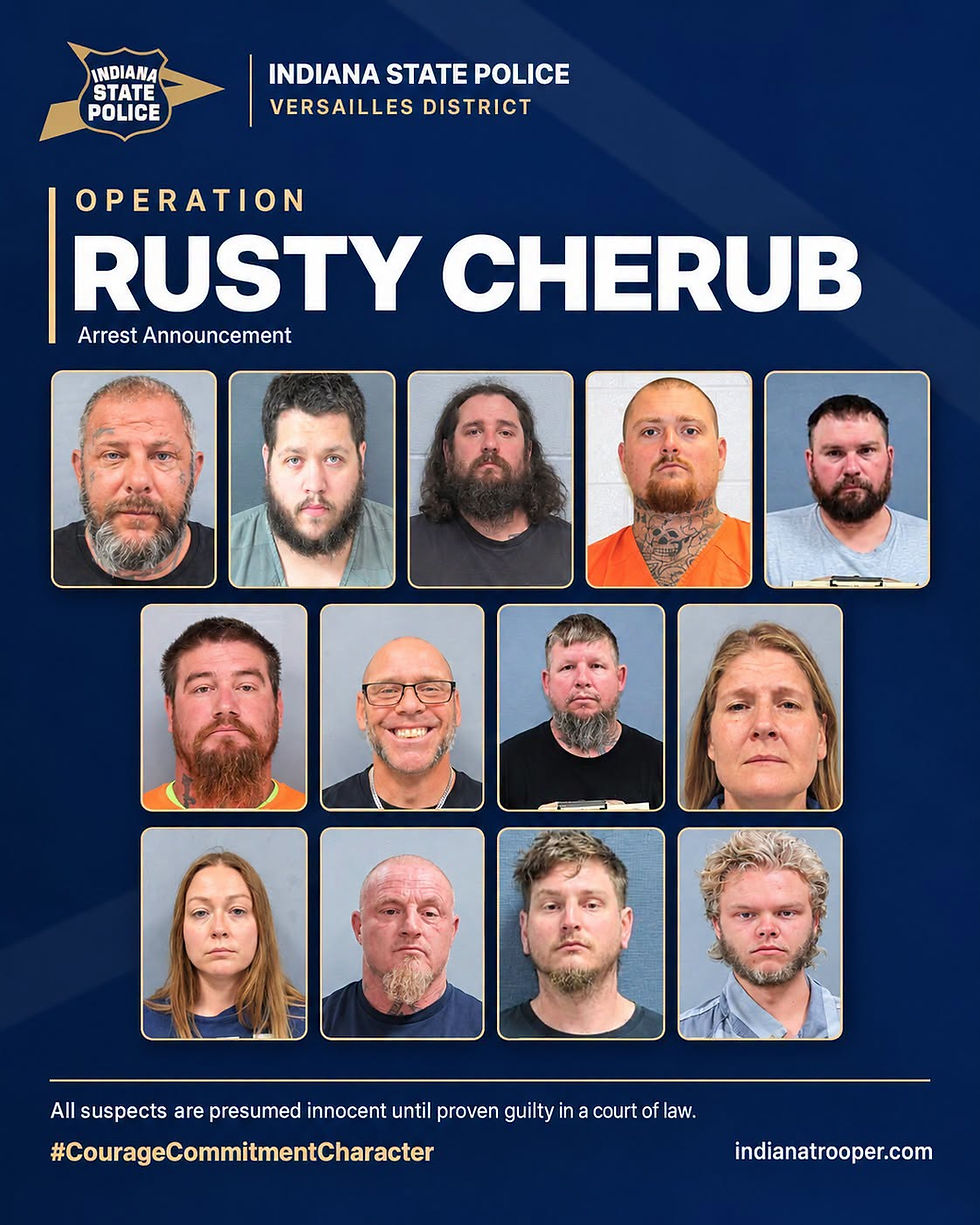 Indiana State Police Operation Rusty Cherub arrest announcement. Photo: Indiana State Police, Versailles District