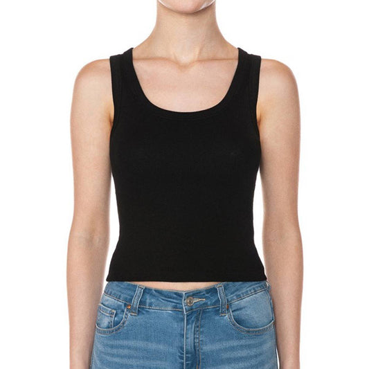 SCOOP NECK RIBBED CROPPED TANK TOP: BLACK / S-M-L(2-2-2)