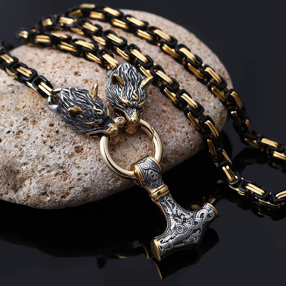 Viking Thor's Hammer Domineering Wolf Head Necklace: Yellow Gold / 50cm