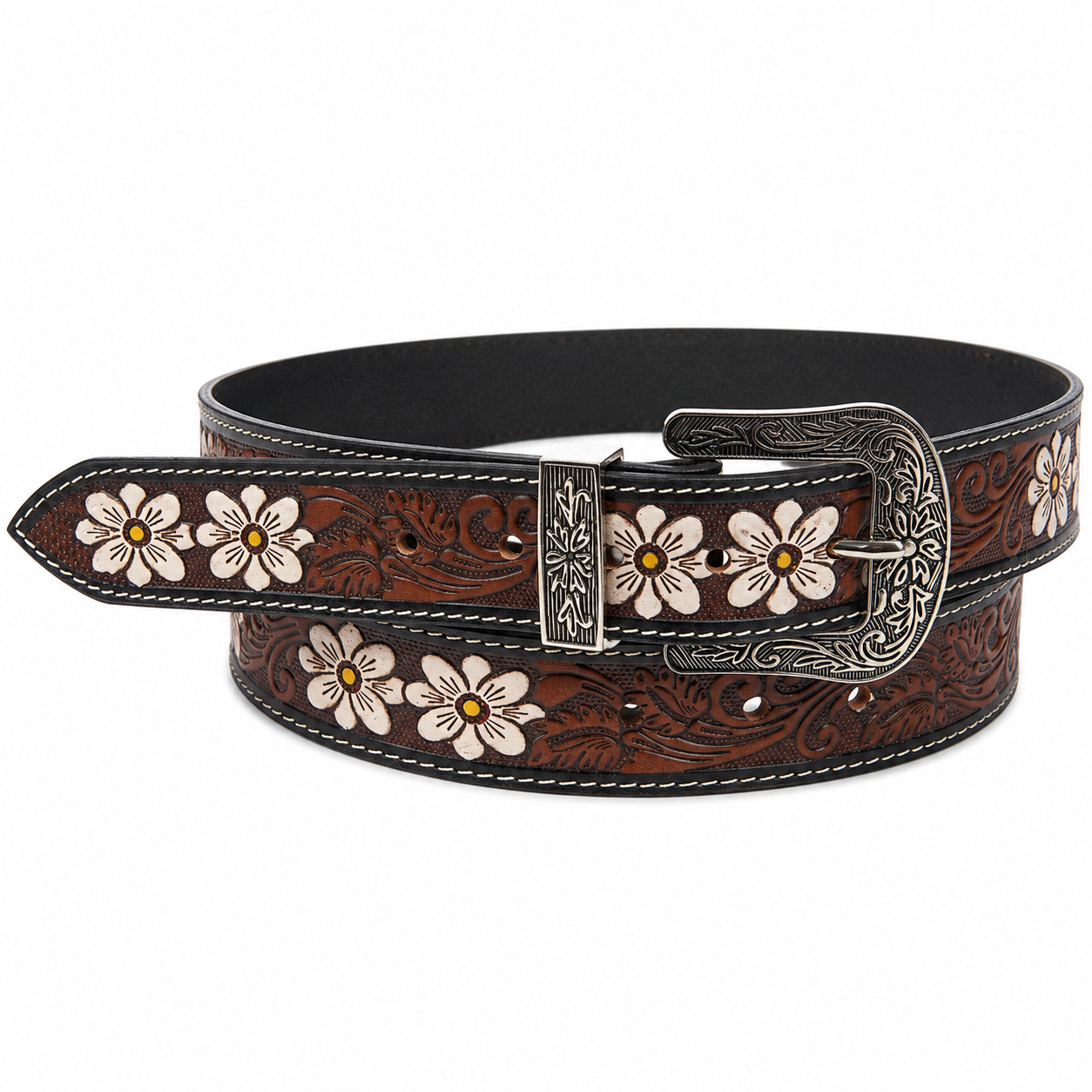 Tooled Leather Belt with White Floral Accent ABB 18 26108