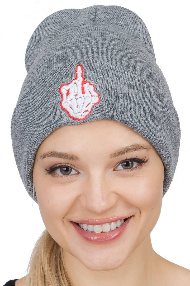 Middle Finger Up Skeleton Cuffed Classic Beanie: BLACK/WHITE / ONE SIZE