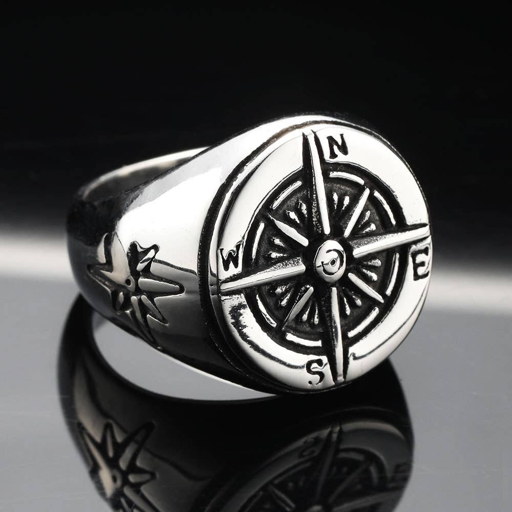 Vintage Round Compass Men's Titanium Steel Ring: Yellow Gold / 7