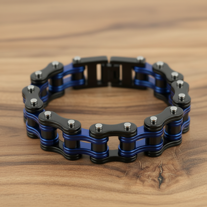 SK1830 Black Blue 3/4" Wide Double Link Design Unisex Stainless Steel Motorcycle Chain Bracelet