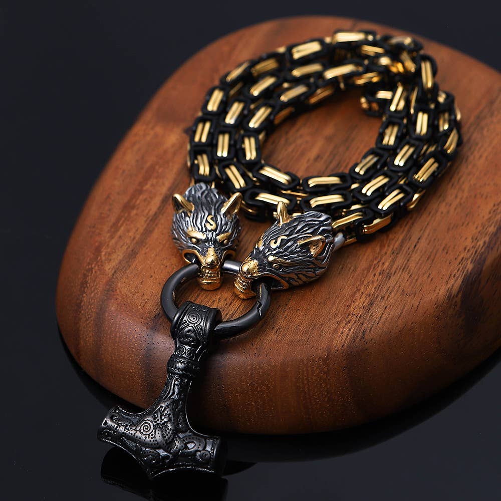 Viking Thor's Hammer Domineering Wolf Head Necklace: Yellow Gold / 50cm