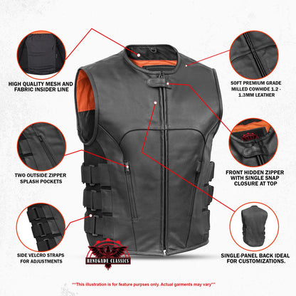 Men's Black Leather SWAT Style Motorcycle Vest