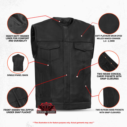 Men's Black Leather Motorcycle Vest with Upgraded Style