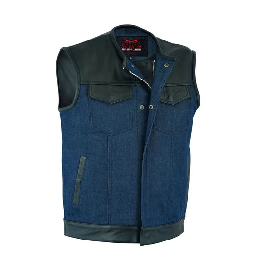 Men's Leather/Denim Combo Vest (Black/Broken Blue)