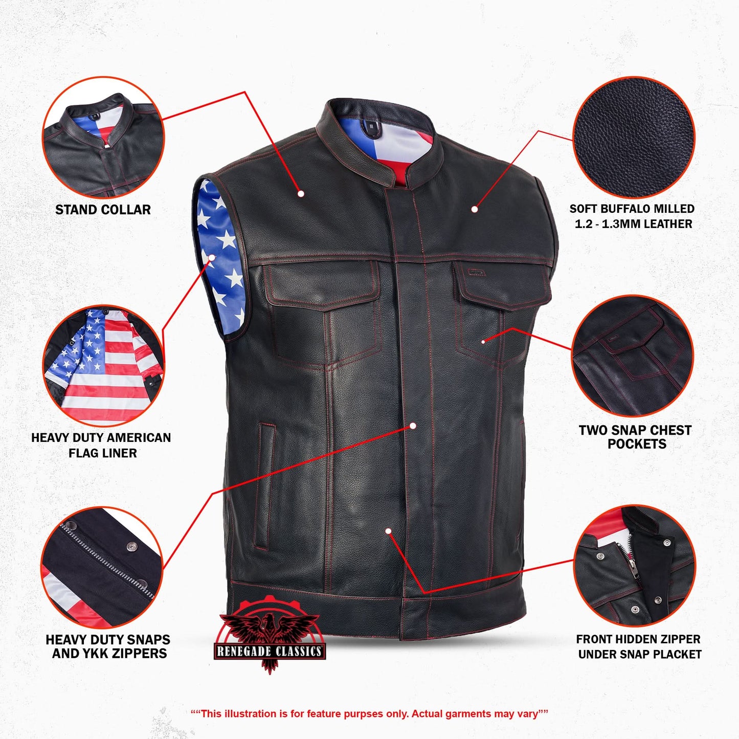 Mens's Leather Motorcycle Vest with Scoop Collar & USA Flag