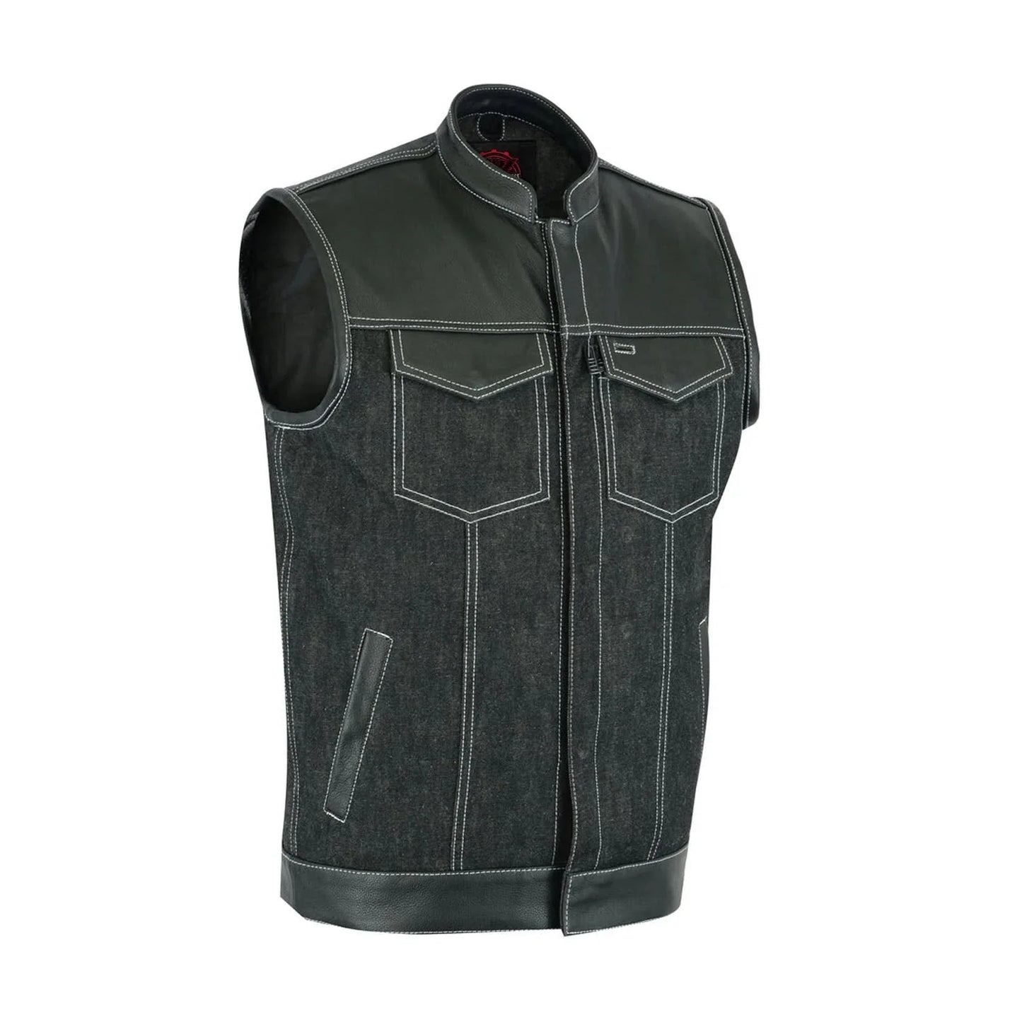 Men's Leather-Denim Combo Motorcycle Vest w/ Scoop Collar