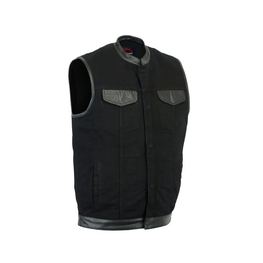 Men's Black Denim Single Panel Concealment Vest W/ Leather Trim