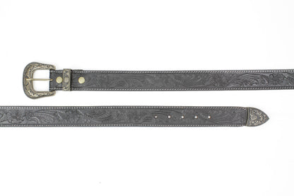 Black Tooled Leather Belt with Floral Filigree ABB 14-2630