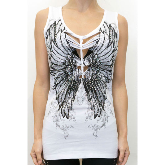 2278 Women's Angel Wings White V Neck Top