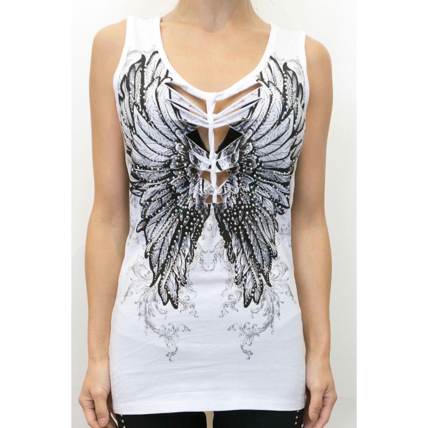 2278 Women's Angel Wings White V Neck Top