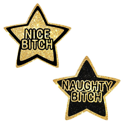 Nice Bitch Naughty Bitch Glitter Star Nipple Cover Pasties: Gold/Black / O/S