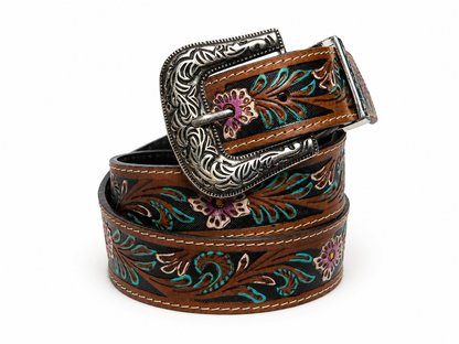 Filigree Leather Belt with Floral Turquoise ABB 18 26110