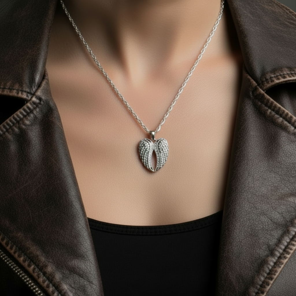 Women’s Heart Wings Pendant Necklace – Clear Crystal Motorcycle Jewelry