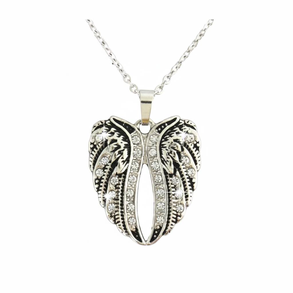 Women’s Heart Wings Pendant Necklace – Clear Crystal Motorcycle Jewelry