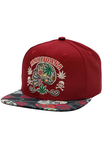 Marijuana Sugar Skull Rose Print Cotton Snapback: Black