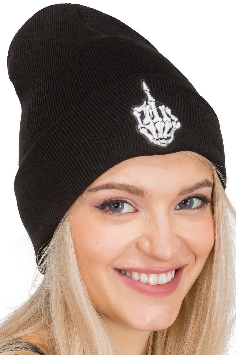 Middle Finger Up Skeleton Cuffed Classic Beanie: BLACK/WHITE / ONE SIZE