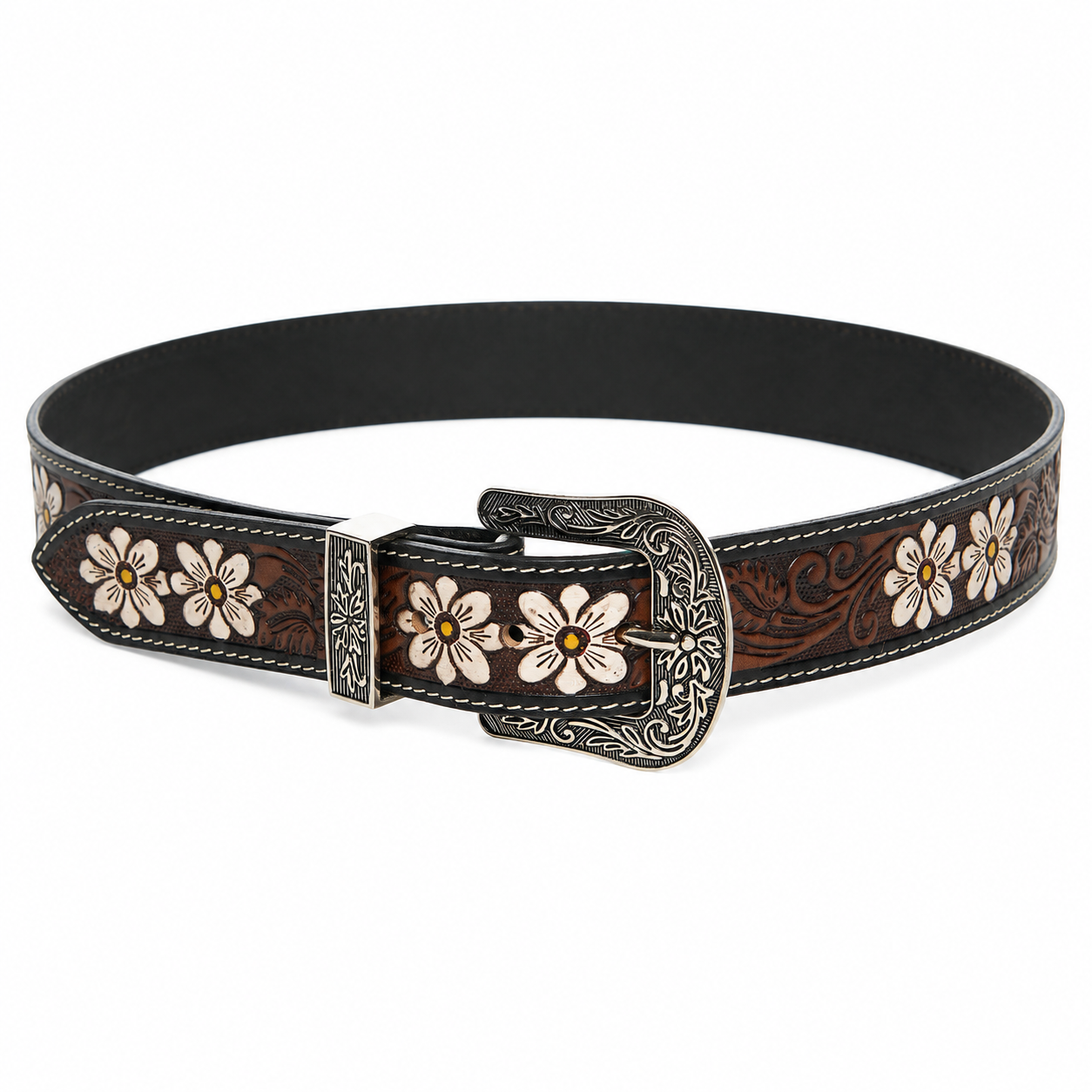 Tooled Leather Belt with White Floral Accent ABB 18 26108