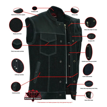 Men's Leather-Denim Combo Motorcycle Vest w/ Scoop Collar