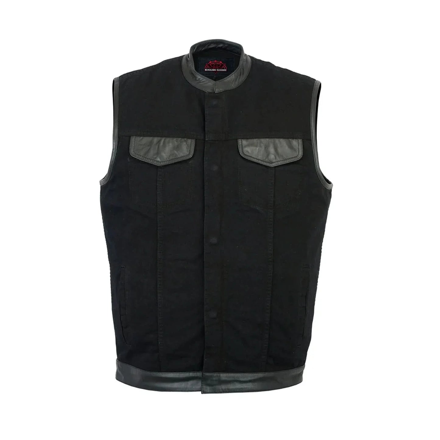 Men's Black Denim Single Panel Concealment Vest W/ Leather Trim