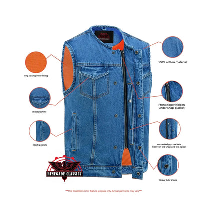 Mens Blue Denim Motorcycle Vest with Concealed Snaps & Zipper