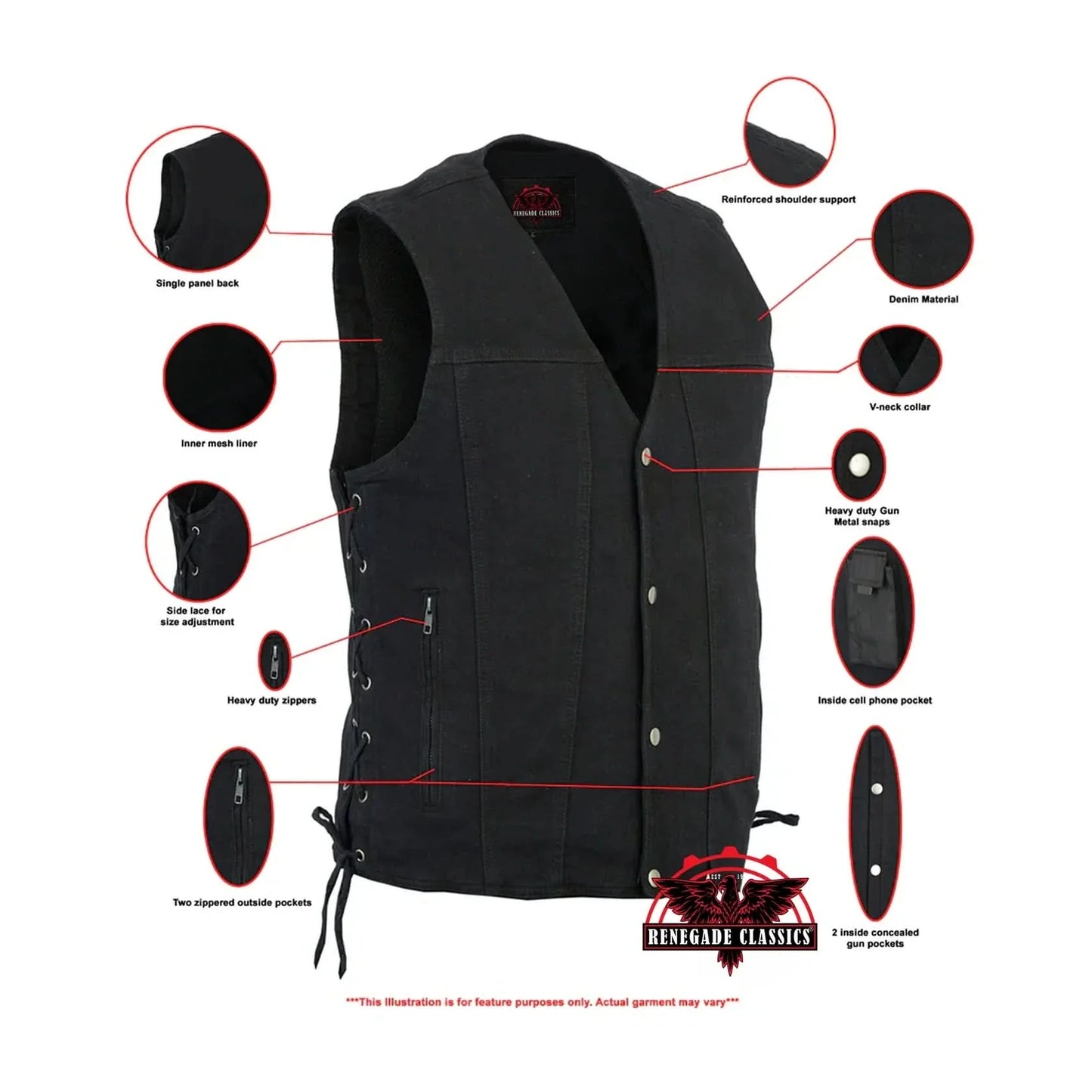 Men's Black Denim Motorcycle Vest – Single Panel Back
