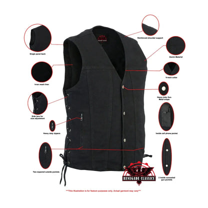 Men's Black Denim Motorcycle Vest – Single Panel Back
