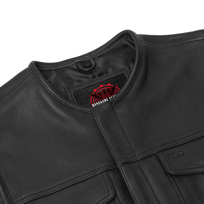 Men's Black Leather Motorcycle Vest with Upgraded Style