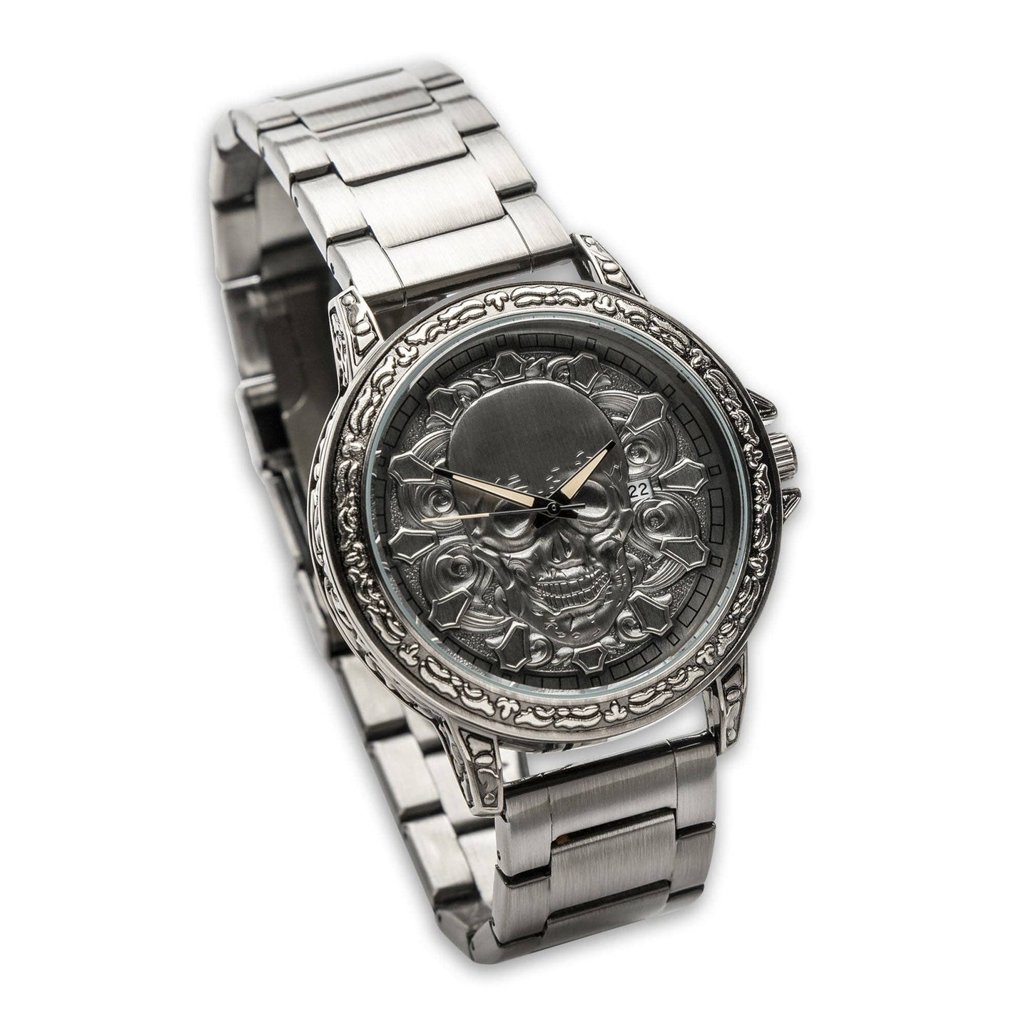 Skullistic 3D Carved Skull Unisex Watch: Metal Strap Stainless Steel