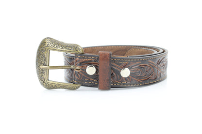 Floral Tooled Western Belt with Engraved Buckle ABB 031 BRWN