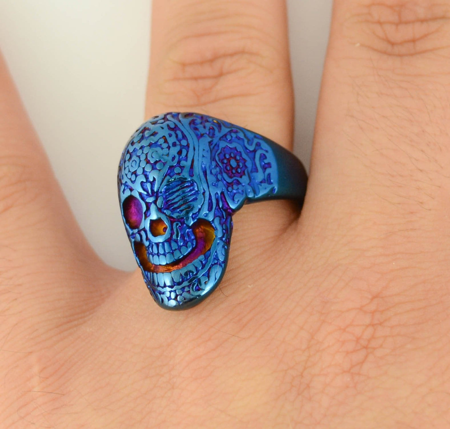 SK1751 Gents Tattoo's Gone Wild Ring Blue Anodized Edition Stainless Steel Motorcycle Biker Jewelry