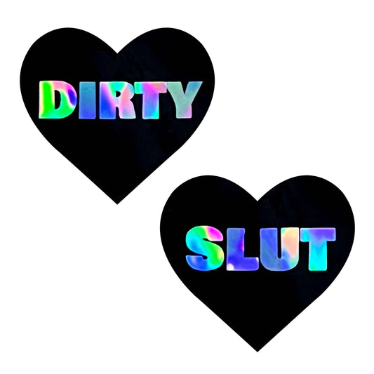 Dirty Slut Dom I Heart U Holographic Nipple Cover Pasties: Black / O/S